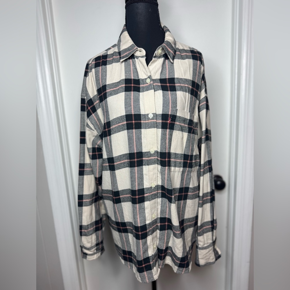 Levi Women Henri Flannel Long Sleeve with Black White Pink Shirt Large